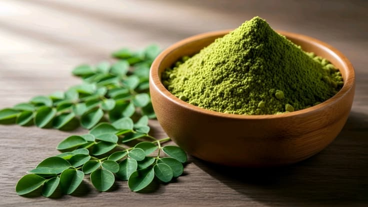 A bowl of fresh organic moringa and green herbs provides healthy ingredients_